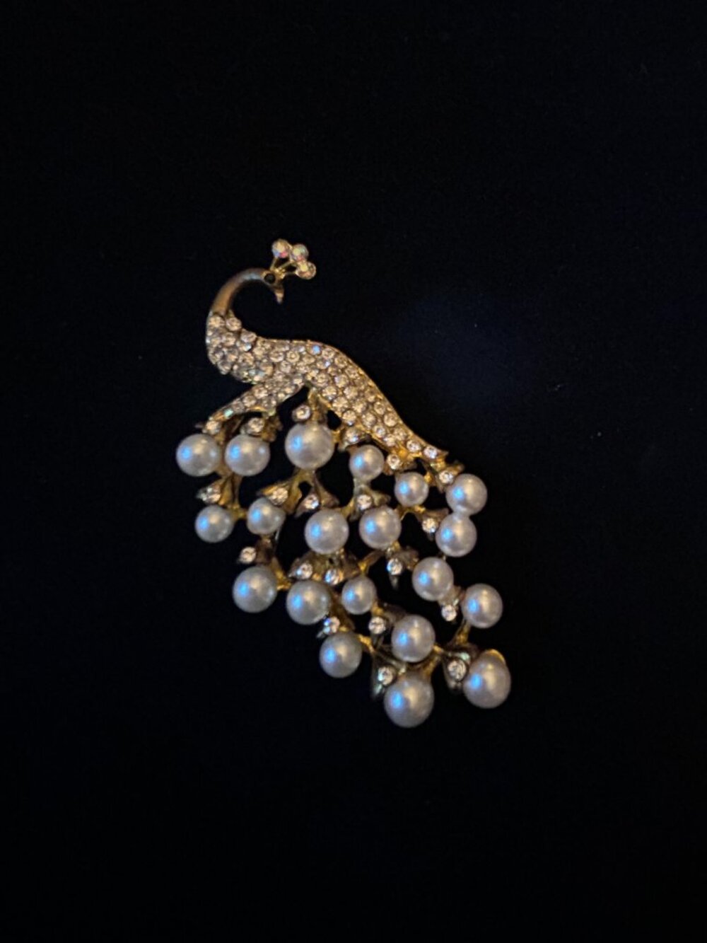 Gold Tone Peacock Brooch Faux Pearl Tail Pave Rhinestones Elegant Statement